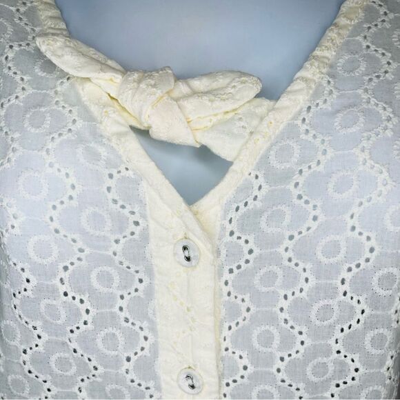 Modcloth Polished Touch Cotton Eyelet Blouse Puff Sleeves Tie Front Ivory S - Picture 9 of 13